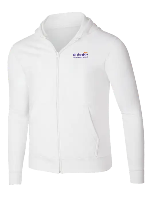 White 8.5 oz Ring Spun Zip Hooded Sweatshirt w/Enhabit Logo