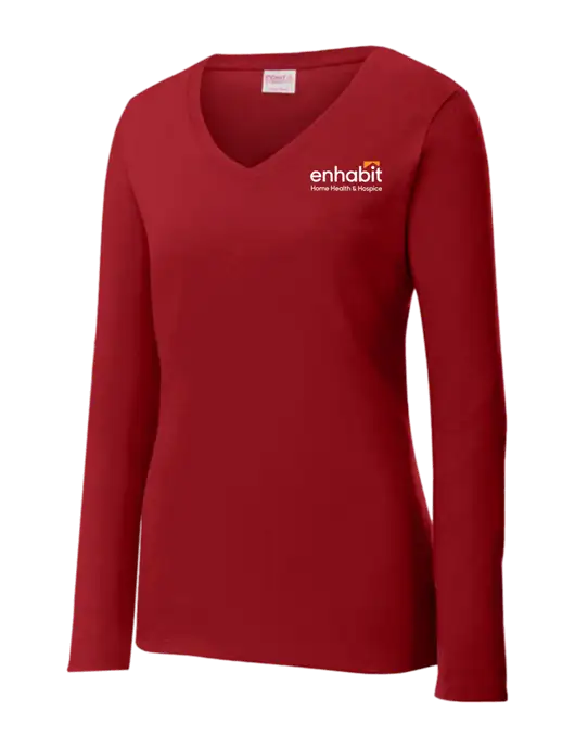 Womens V-Neck Ring Spun Cardinal 4.5 oz Long Sleeve T-Shirt w/Enhabit Logo
