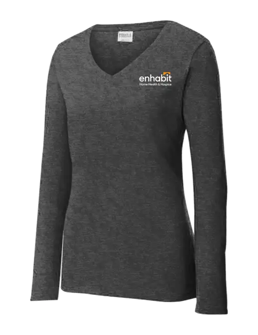 Womens  V-Neck Ring Spun Dark Heather Grey 4.5 oz Long Sleeve T-Shirt w/Enhabit Logo