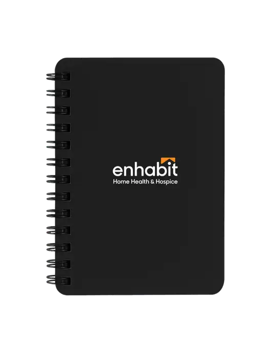 Sturdy Black Hardcover Notebook, 5.25 x 7 w/Enhabit Logo