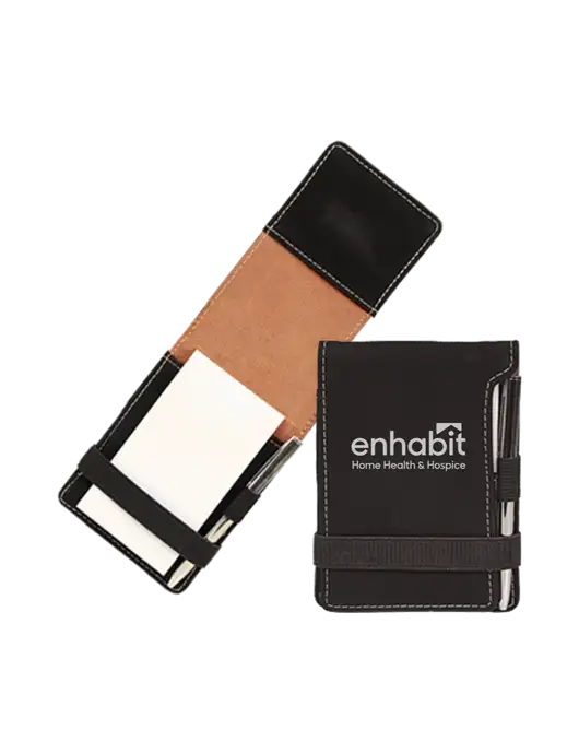 Black Leatherette Mini Notepad with Pen,  3.25 x 4.75 w/Enhabit Logo