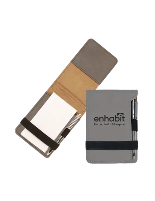 Grey Leatherette Mini Notepad with Pen,  3.25 x 4.75 w/Enhabit Logo