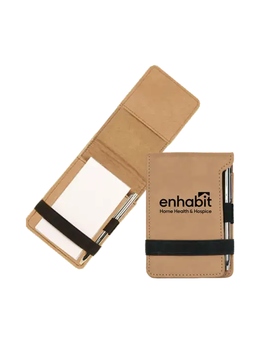 Tan Leatherette Mini Notepad with Pen,  3.25 x 4.75 w/Enhabit Logo