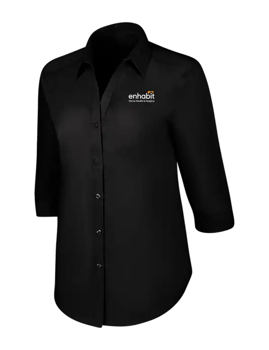 Womens Black 3/4 Sleeve Carefree Poplin Shirt w/Enhabit Logo