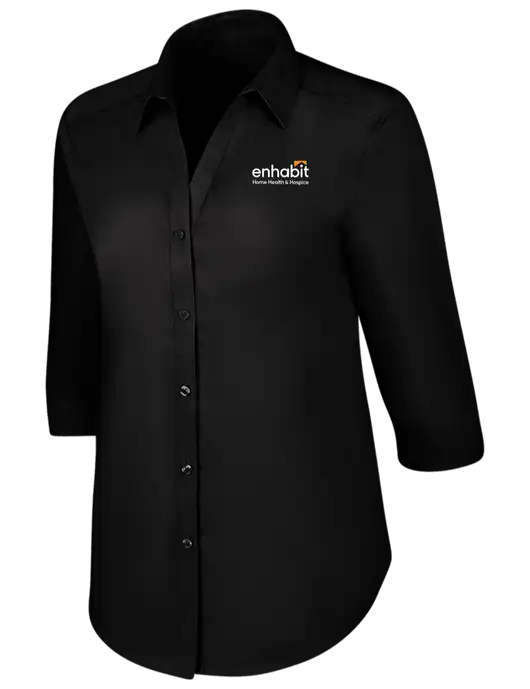 Womens Black 3/4 Sleeve Carefree Poplin Shirt w/Enhabit Logo