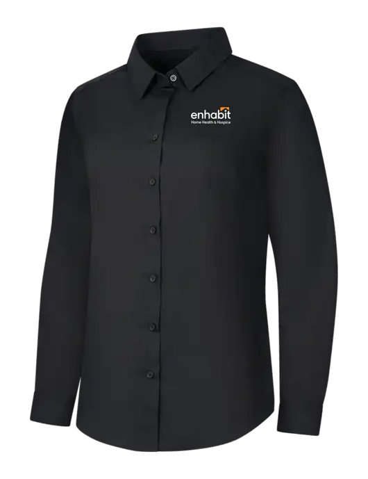 Womens Black Long Sleeve Carefree Poplin Shirt w/Enhabit Logo