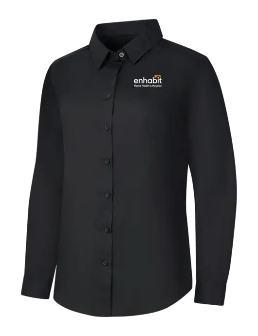 Womens Black Long Sleeve Carefree Poplin Shirt w/Enhabit Logo
