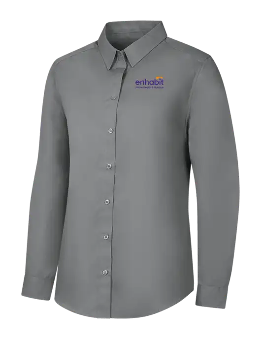 Womens Medium Grey Long Sleeve Carefree Poplin Shirt w/Enhabit Logo