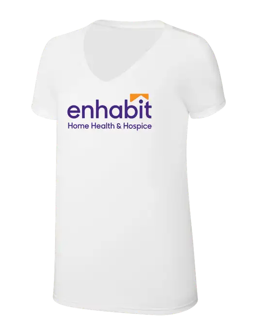 Womens Simply Soft V-Neck White 4.5oz  Poly/Combed Ring Spun Cotton T-Shirt w/Enhabit Logo