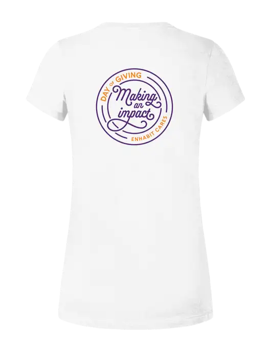 Womens Ring Spun White 4.5 oz T-Shirt w/Day of Giving Logo, Enhabit Cares Logo