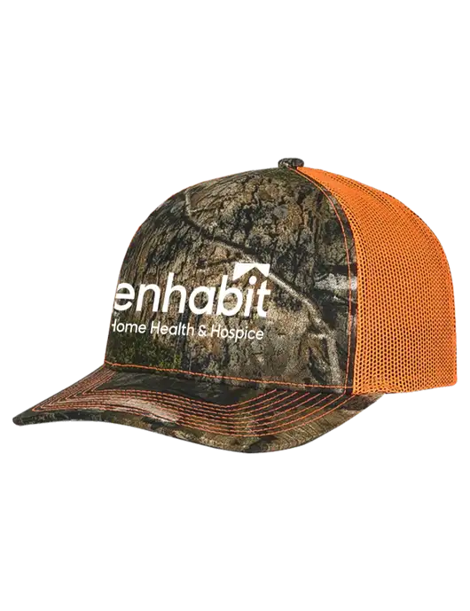 Mossy Oak Country DNA Camo/Orange Mesh Trucker Cap Snap Back w/Enhabit Logo
