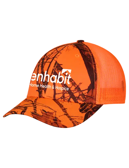 Blaze/Neon Orange Mossy Oak Camo Mesh Trucker Cap Snap Back w/Enhabit Logo