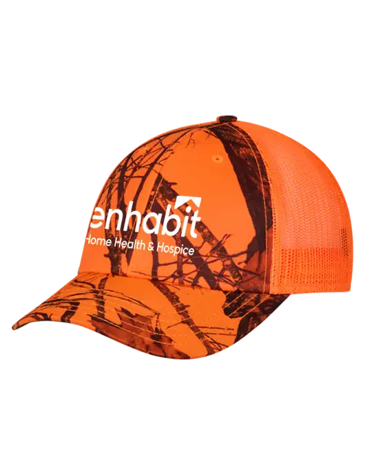 Blaze/Neon Orange Mossy Oak Camo Mesh Trucker Cap Snap Back w/Enhabit Logo