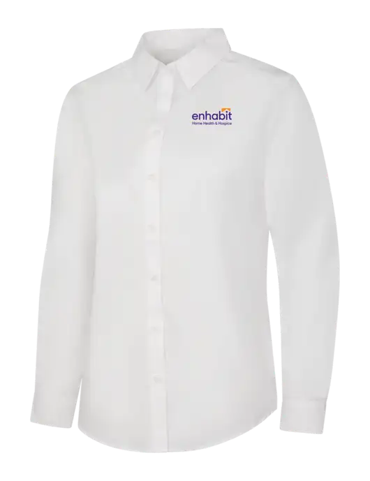 Womens White Long Sleeve Carefree Poplin Shirt w/Enhabit Logo