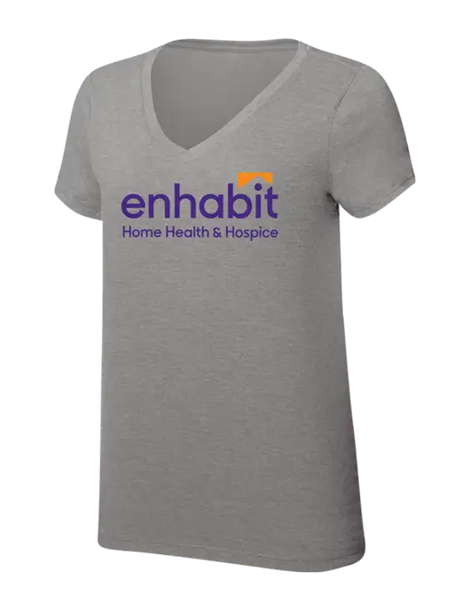 Womens Simply Soft V-Neck Grey Frost 4.5oz  Poly/Combed Ring Spun Cotton T-Shirt w/Enhabit Logo