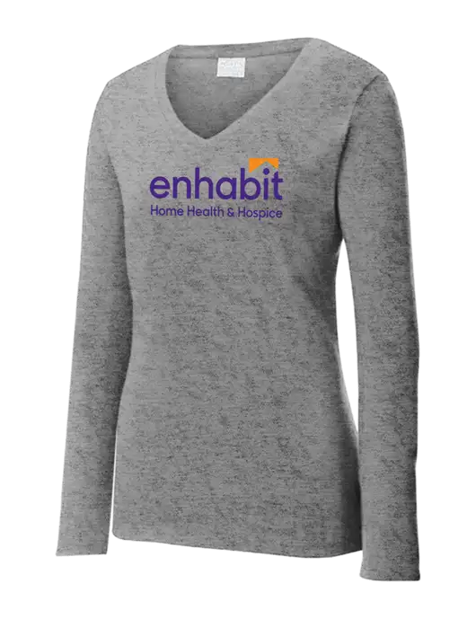 Womens  V-Neck Ring Spun Grey Heather 4.5 oz Long Sleeve T-Shirt w/Enhabit Logo
