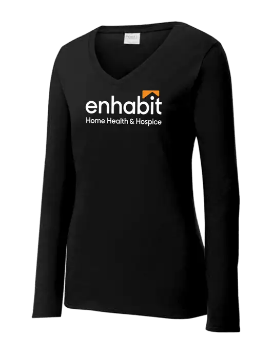 Womens V-Neck Ring Spun Jet Black 4.5 oz Long Sleeve T-Shirt w/Enhabit Logo
