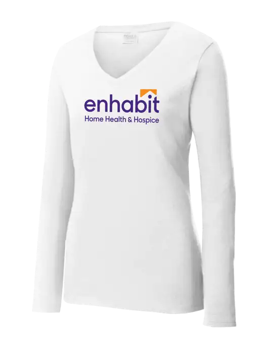 Womens  V-Neck Ring Spun White 4.5 oz Long Sleeve T-Shirt w/Enhabit Logo